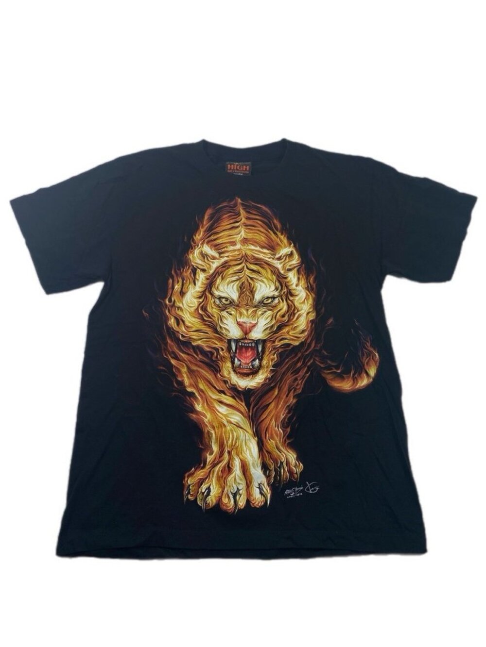 Vintage 90s Rock Chang T-Shirt Sz M Black Tiger Flames Animals Retro Art